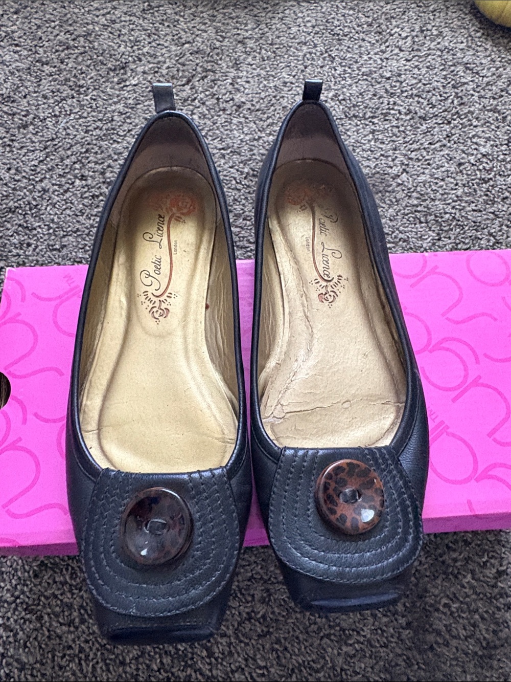 Coach Black Leather Square-Toe Ballet Flats with Tortoiseshell Button